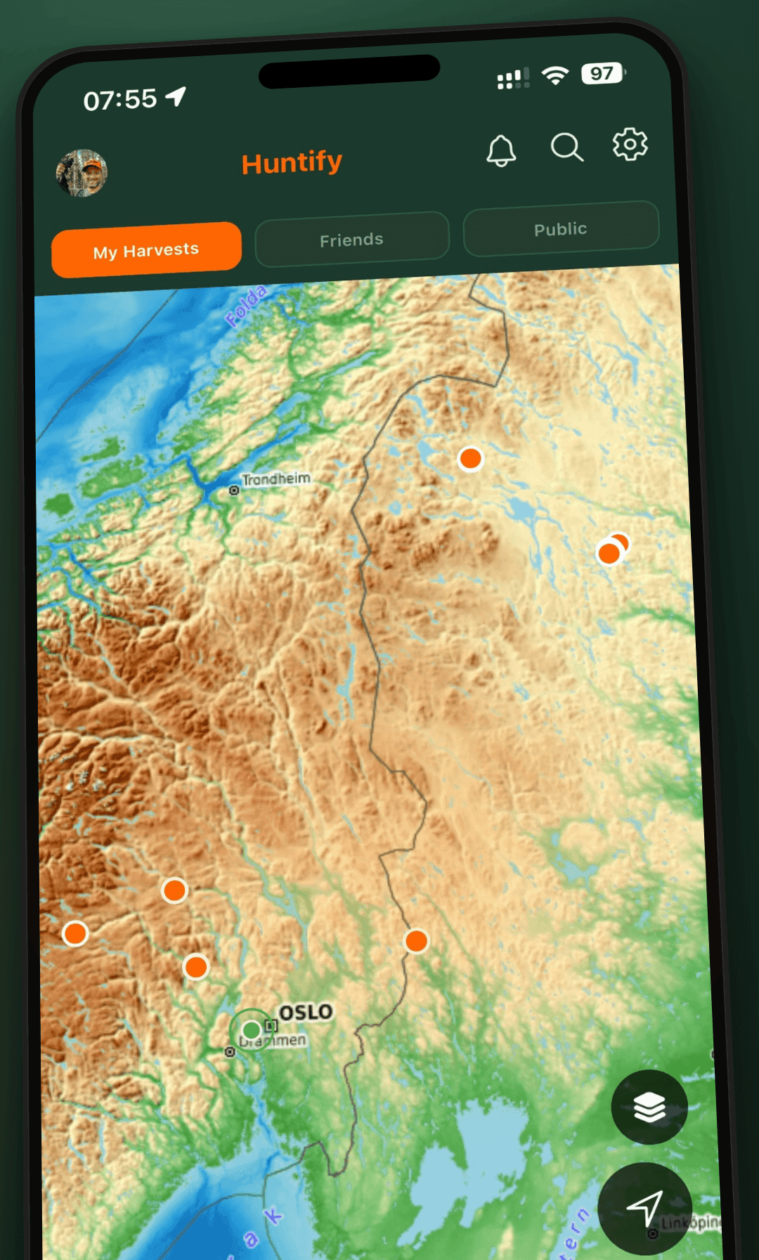 The Huntify map with harvest pins on a topographic map of Norway.