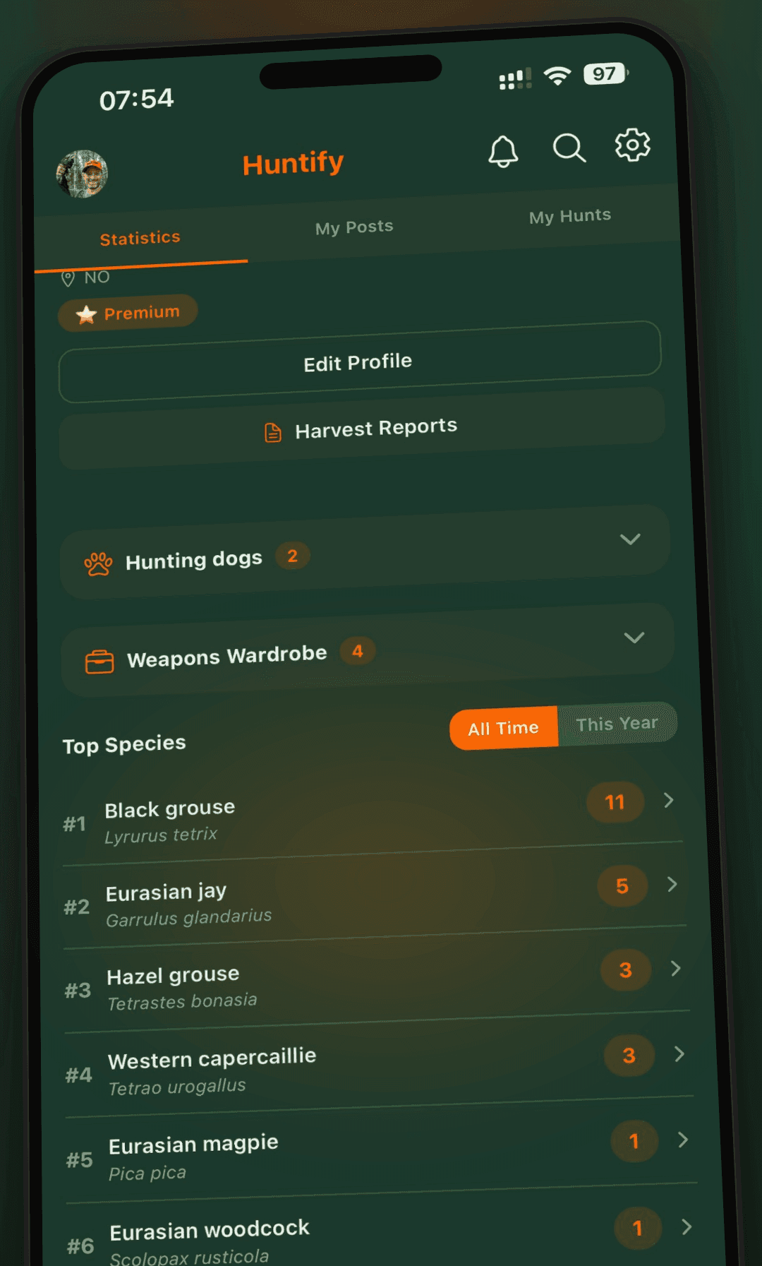 A Huntify profile screen showing top species by count, a weapons wardrobe and hunting dogs.